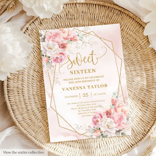 Chic Pastel Pink Gold Peonies Sweet 16 Einladung
