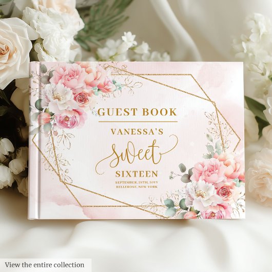 Chic Pastel Pink Gold Peonies Sweet 16 Gästebuch