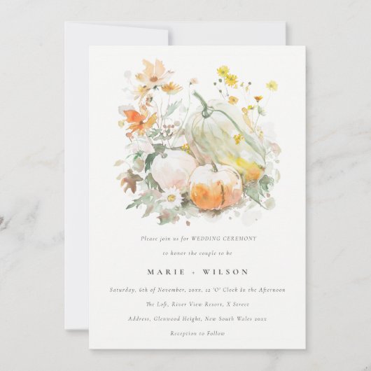 Chic Pastel Wildblume Pumpkin Wasserfarbenhochzeit Einladung (Vorderseite)