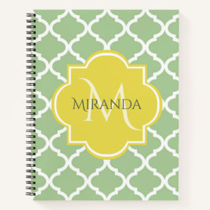 Chic Pastell Grün Quatrefoil Gelb Name Monogramm Notizblock