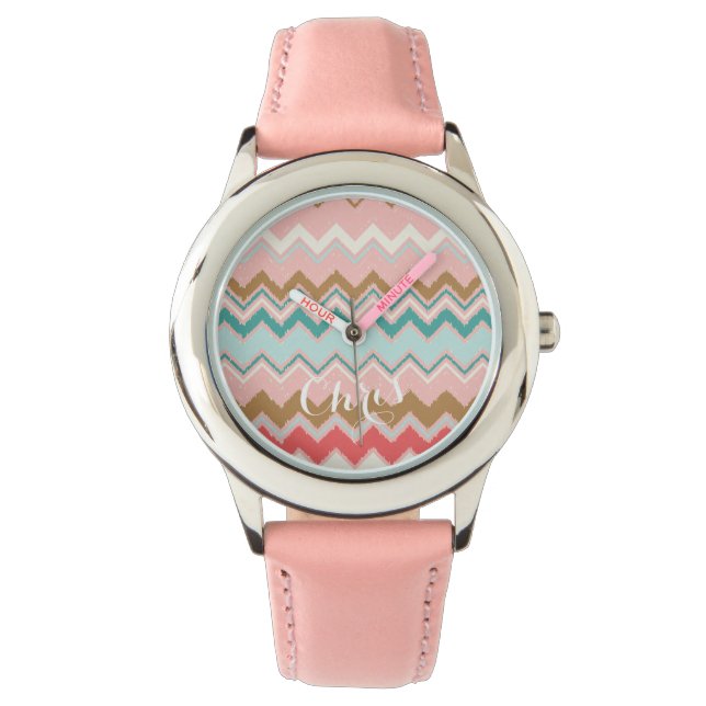Chic-Pastellrosa-Minzen-Zickzack Armbanduhr (Vorderseite)