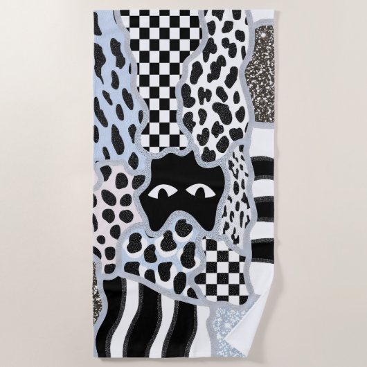 Chic Patchwork Suspicious Black Cat Gingham & Chec Strandtuch (Vorderseite)