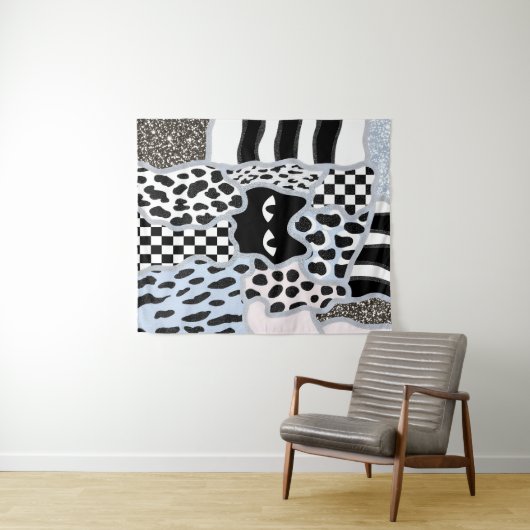 Chic Patchwork Suspicious Black Cat Gingham & Chec Wandteppich (Beispiel (Horizontal))