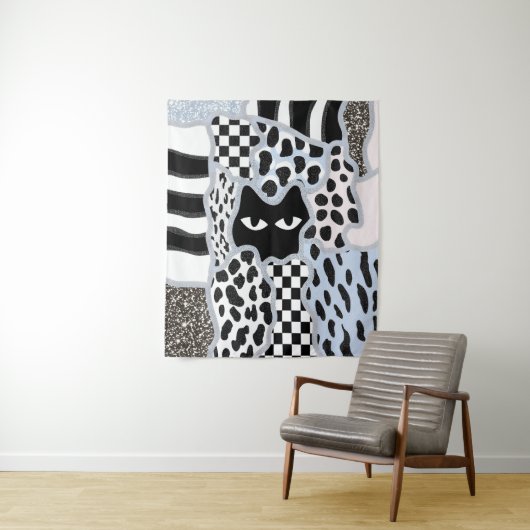 Chic Patchwork Suspicious Black Cat Gingham & Chec Wandteppich (Beispiel)