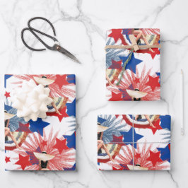 Chic Patriotic Stars Fireworks Pinup White Blue Geschenkpapier Set