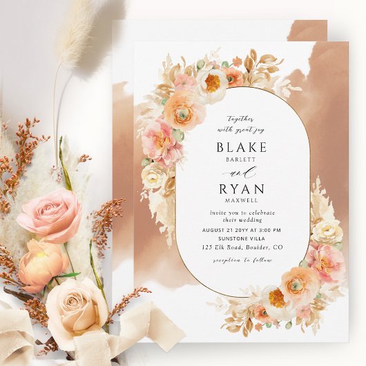 Chic Peach Blush Creme und Terracotta Oval Wedding Einladung
