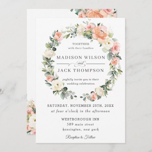Chic Peach Blush Elfenbeinblumenzeremonie Einladung (Vorne/Hinten)