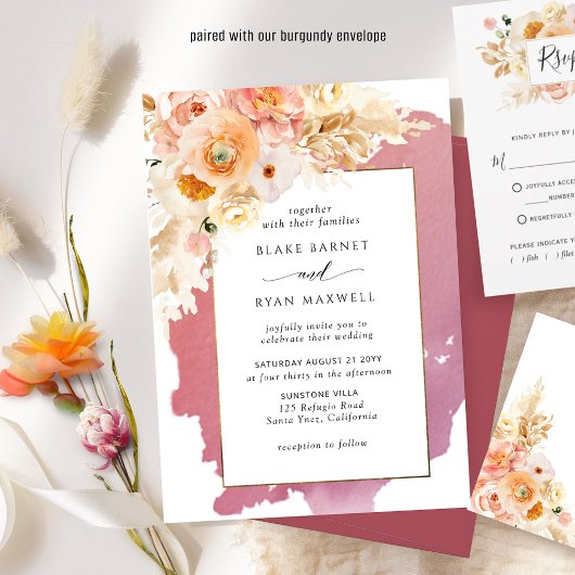 Chic Peach Blush Pink and Burgundy Floral Wedding Einladung