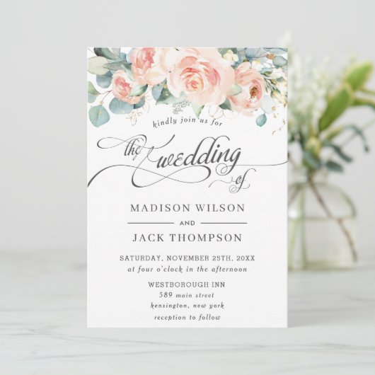 Chic Peach floral Calligraphy Greenerity Wedding Einladung (Stehend Vorderseite)