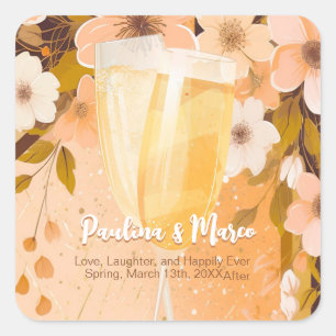Chic Peach Floral Champagne Brautparty Party Quadratischer Aufkleber