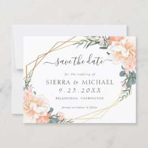 Chic Peach Gold Floral Minze Green Save the Date Ankündigung