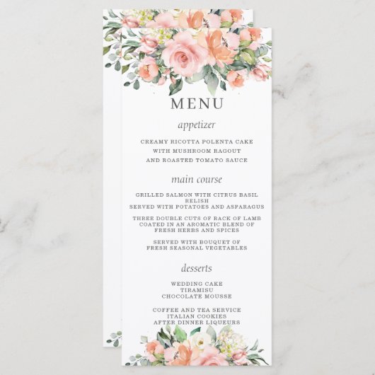 Chic Peach Ivory Pink Floral Wedding Menü Programm (Vorne/Hinten)