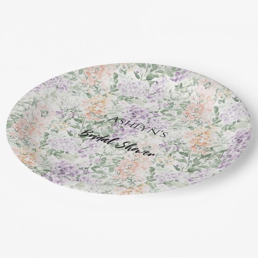 Chic Peach Lilac Lavender Floral Brautparty Pappteller (Schrägansicht)