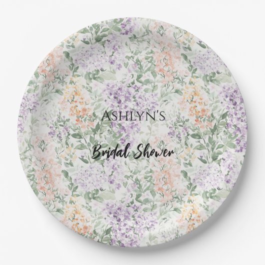 Chic Peach Lilac Lavender Floral Brautparty Pappteller (Vorderseite)