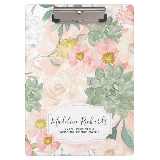 Chic Peach & Mint Aquarell Floral & Sukkulturen Klemmbrett (Vorderseite)