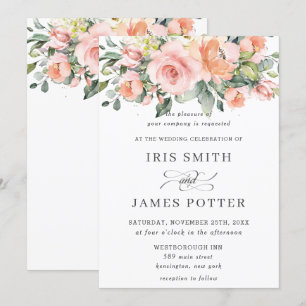 Chic Peach Orange Pink Blumengrün Hochzeit Einladung