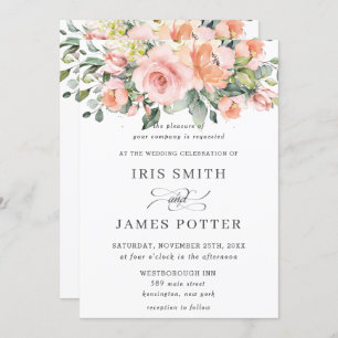 Chic Peach Orange Rosa Blumengrün Hochzeit Einladung