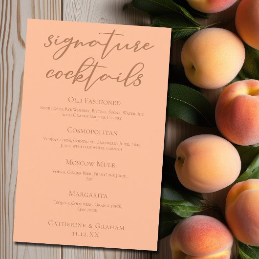 Chic Peach Summer Wedding Signature Cocktails Menü