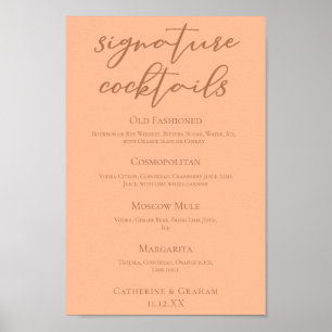 Chic Peach Summer Wedding Signature Cocktails Menü Poster