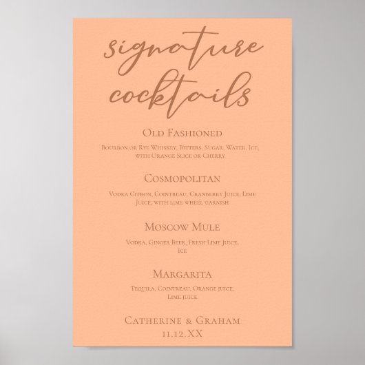 Chic Peach Summer Wedding Signature Cocktails Menü Poster (Vorne)