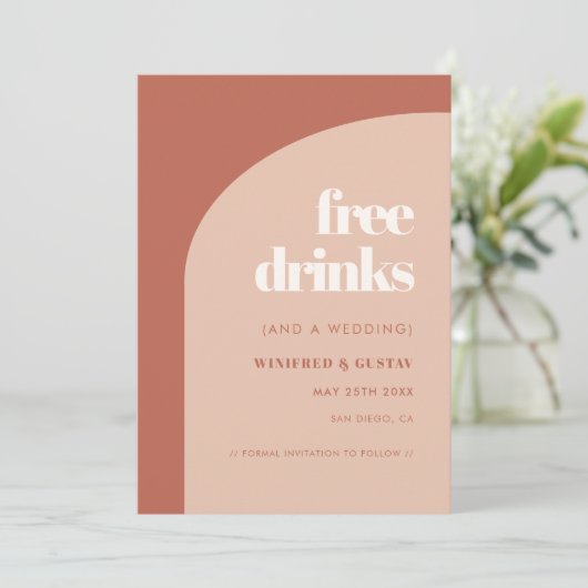 Chic peach terracotta arch Freie Getränke Save The Date (Stehend Vorderseite)