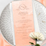 Chic Peach Watercolor, Monogram Wedding Menu Menükarte<br><div class="desc">Freuen Sie sich auf dieses wunderschöne pfirsichfarbene Hochzeitsmenü mit eleganten handgezeichneten botanischen Monogrammen mit Paarinitialen über einen exquisiten Aquarellspülhintergrund in einer schönen Mischung aus Pfirsich, Creme, Korallen und staubigen Orangenfarben. Einfach Vorlage mit Ihren Details und Menü ausfüllen und die Drucke bestellen! Teil unserer Kollektion "Peach Watercolor Botanical Monogram Wedding" mit...</div>