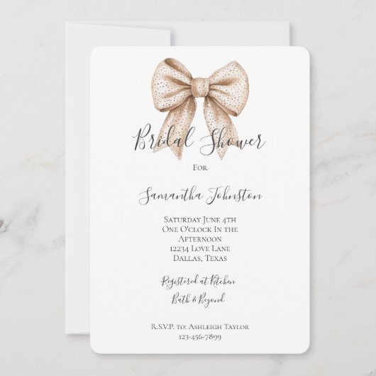 Chic Peach White Bow Brautparty Einladung (Vorderseite)