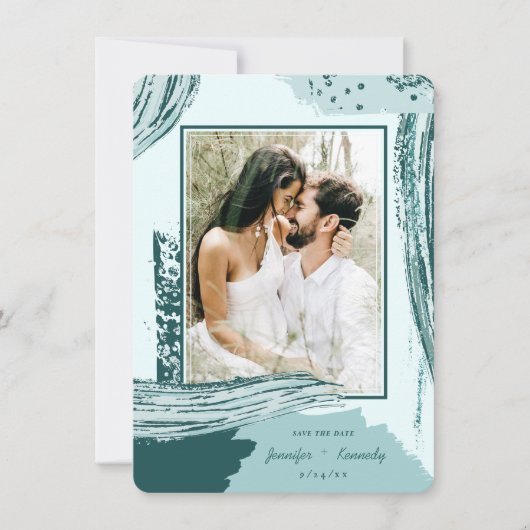 Chic Peacock Abstrakt Paint Brush Strokes Foto Save The Date (Vorderseite)