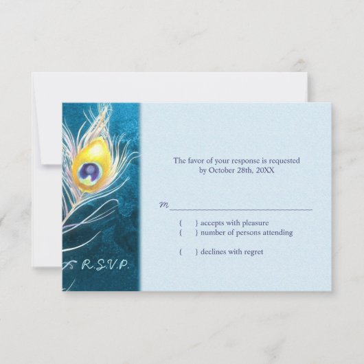 Chic Peacock Feather Blue Wedding RSVP Karte (Vorderseite)