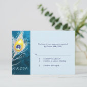 Chic Peacock Feather Blue Wedding RSVP Karte (Stehend Vorderseite)