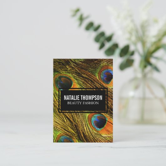 Chic Peacock Feathers Pattern Visitenkarte (Stehend Vorderseite)