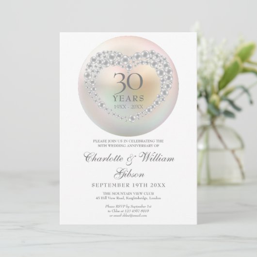 Chic Pearl Heart 30. Hochzeitstag Einladung (Stehend Vorderseite)