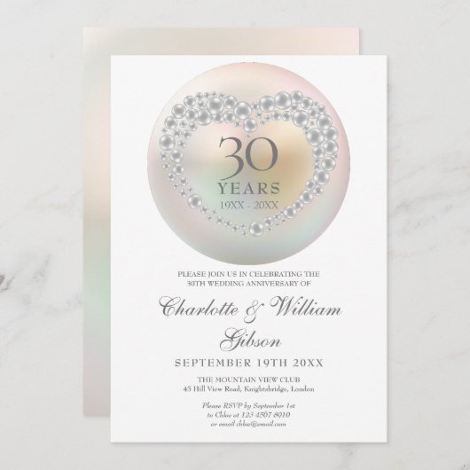 Chic Pearl Heart 30. Hochzeitstag Einladung (Vorne/Hinten)
