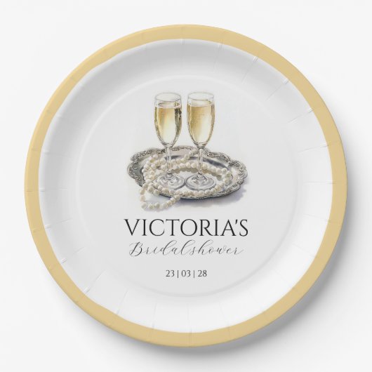 Chic Pearls and Prosecco Brautparty Pappteller (Vorderseite)