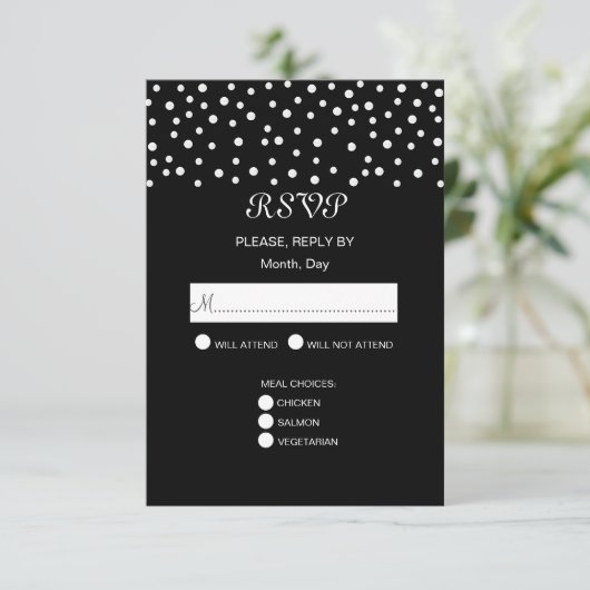 Chic Pearls auf Black & White Wedding RSVP Card (Stehend Vorderseite)