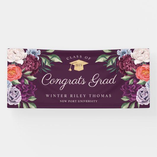 Chic Peonies Rose Floral Graduate Graduate Party Banner (Horizontal)