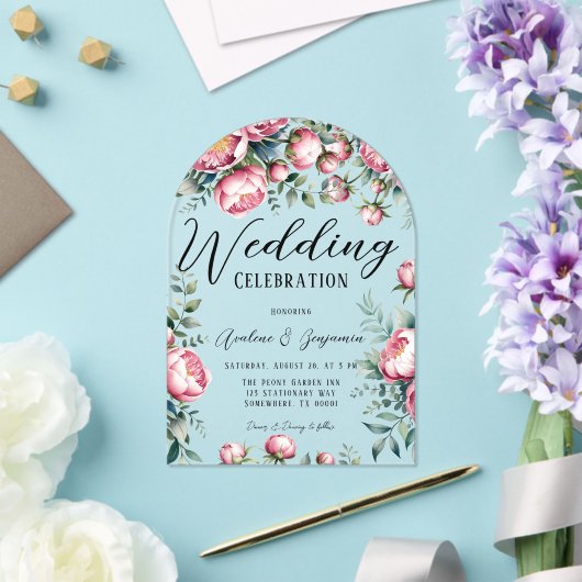 Chic Peony Bouquet bei einer Hochzeit in Wasserfar Acryleinladungen (Insitu (Hochzeit))