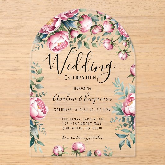 Chic Peony Bouquet bei einer Hochzeit in Wasserfar Acryleinladungen (Vorderseite)