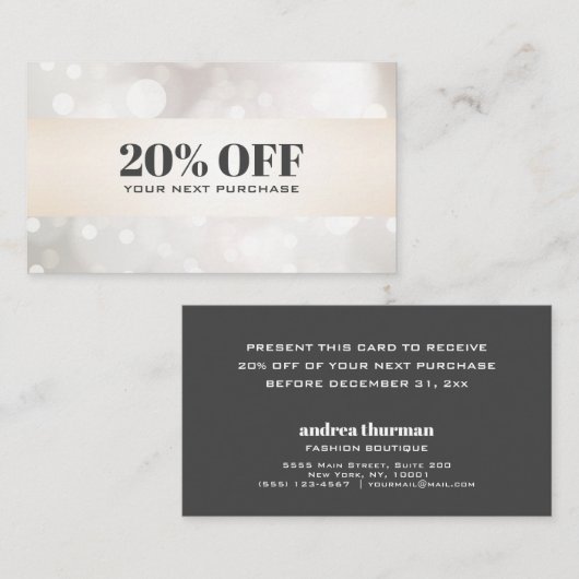 Chic perlescent Glitzer White Bokeh Coupon Card Visitenkarte (Vorne/Hinten)