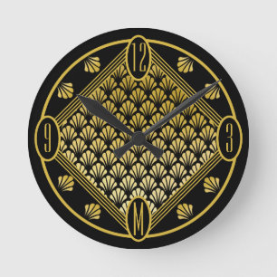 Chic Personalisiert Art Deco Lüftermuster Monogram Runde Wanduhr