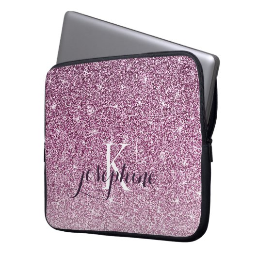 Chic Personalisiert Lila Sparkle-Glitzer Monogramm Laptopschutzhülle (Vorderseite Links)