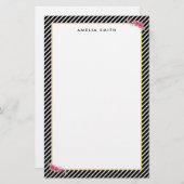 Chic Personalisiert Name Black Stripes Rosa Blume Briefpapier (Vorne/Hinten)
