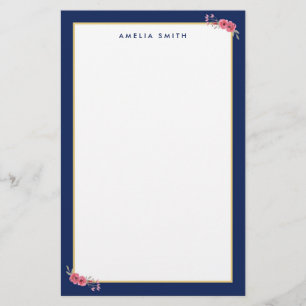 Chic Personalisiert Name Blue Border Pink Blume Briefpapier