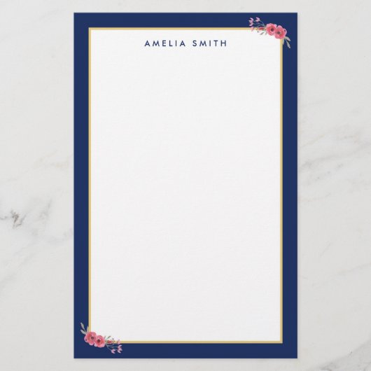 Chic Personalisiert Name Blue Border Pink Blume Briefpapier (Vorderseite)