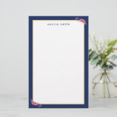 Chic Personalisiert Name Blue Border Pink Blume Briefpapier (Stehend Vorderseite)