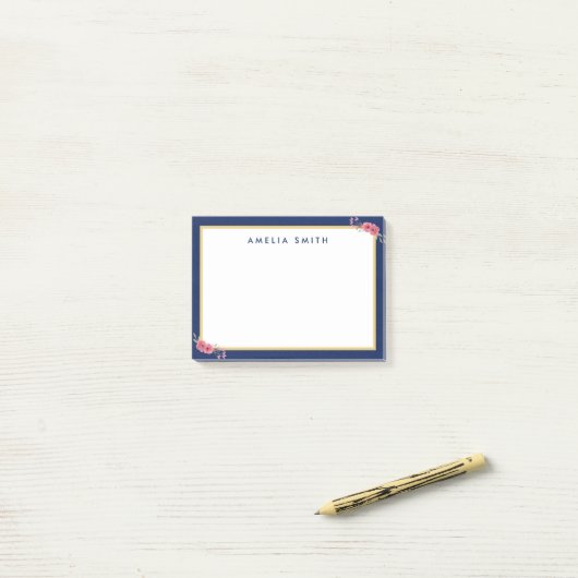 Chic Personalisiert Name Blue Border Pink Blume Post-it Klebezettel (Auf Schreibtisch)