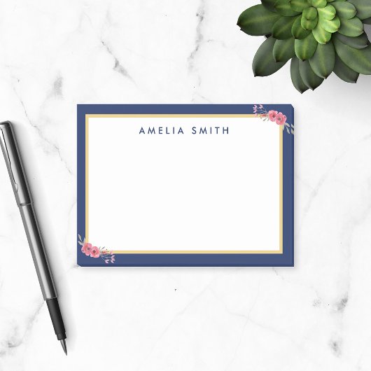 Chic Personalisiert Name Blue Border Pink Blume Post-it Klebezettel