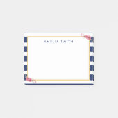 Chic Personalisiert Name Blue Stripes Rosa Blume Post-it Klebezettel (Vorderseite)