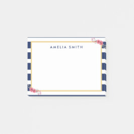 Chic Personalisiert Name Blue Stripes Rosa Blume Post-it Klebezettel