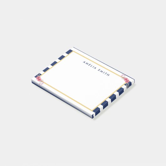 Chic Personalisiert Name Blue Stripes Rosa Blume Post-it Klebezettel (angewinkelt)